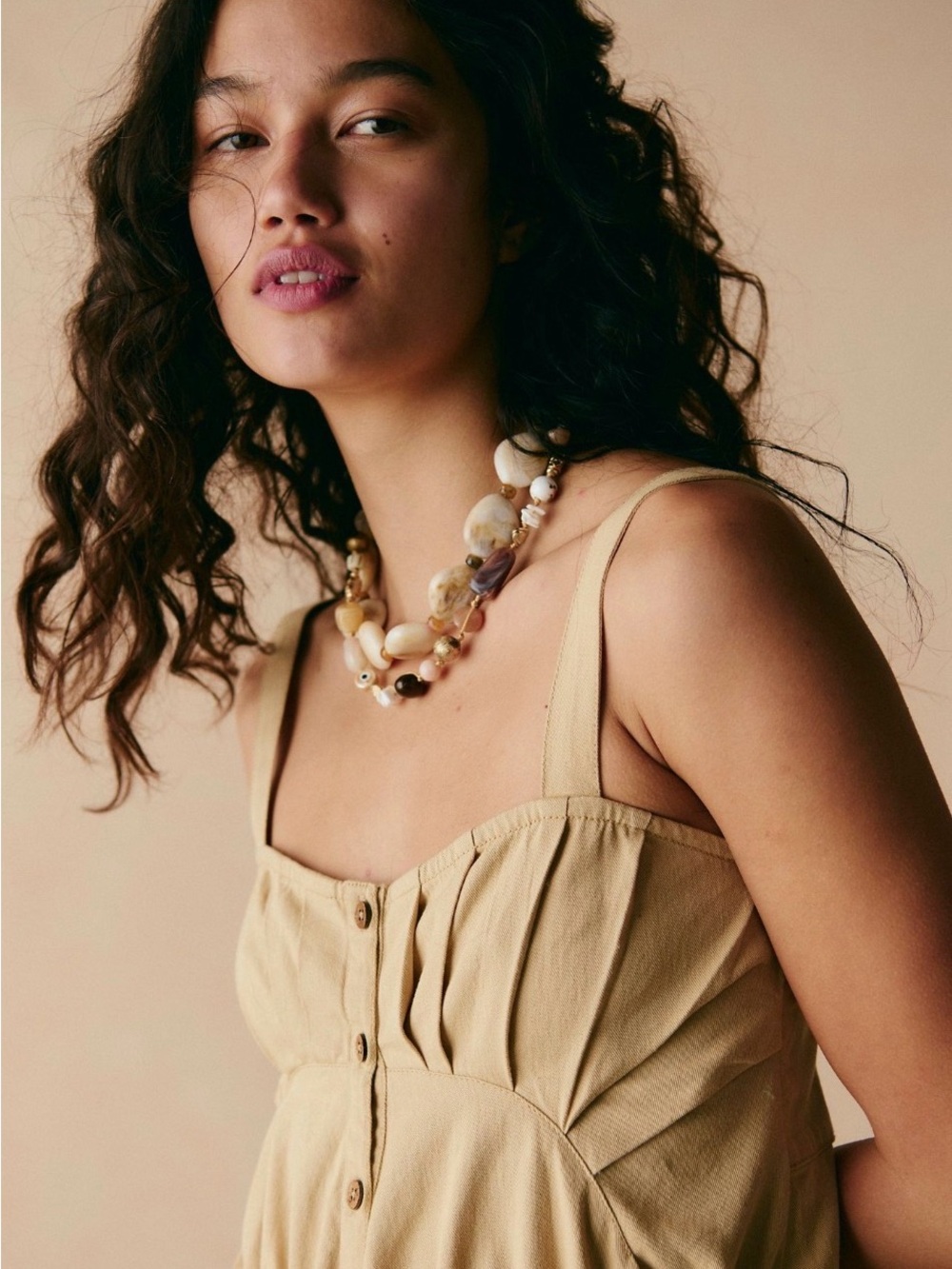 Free People Biscotti Tan Button-Front Drawstring Tank - Picture 3 of 10